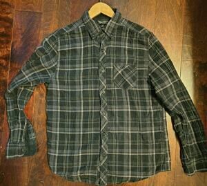 Odin New York Black Gray Plaid Flannel Button Down Shirt Mens Size M Long Sleeve